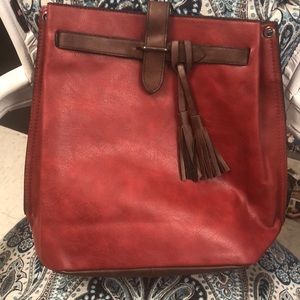 NWOT Red and Brown Leather Bucket purse.